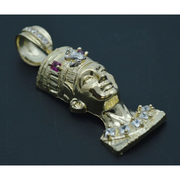 Real 10k Yellow Gold Egyptian King Head Diamond Cut Pendant 3D - Picture 3 of 9